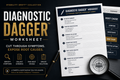 Diagnostic Dagger worksheet with pen and magnifying glass on a dark background