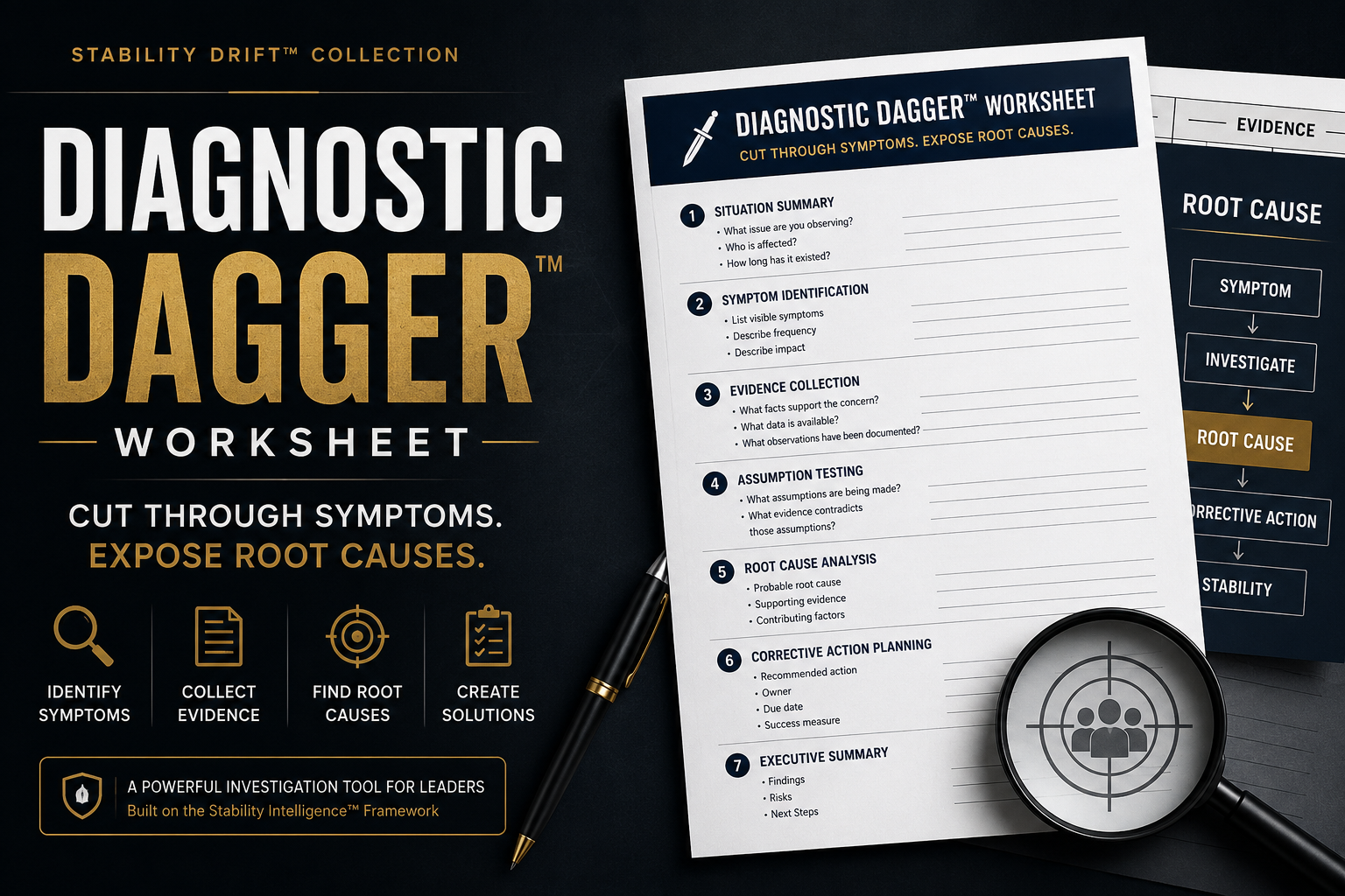 Diagnostic Dagger worksheet with pen and magnifying glass on a dark background