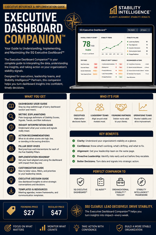 Stability Intelligence Executive Dashboard Companion guide with a laptop screen displaying dashboard metrics.