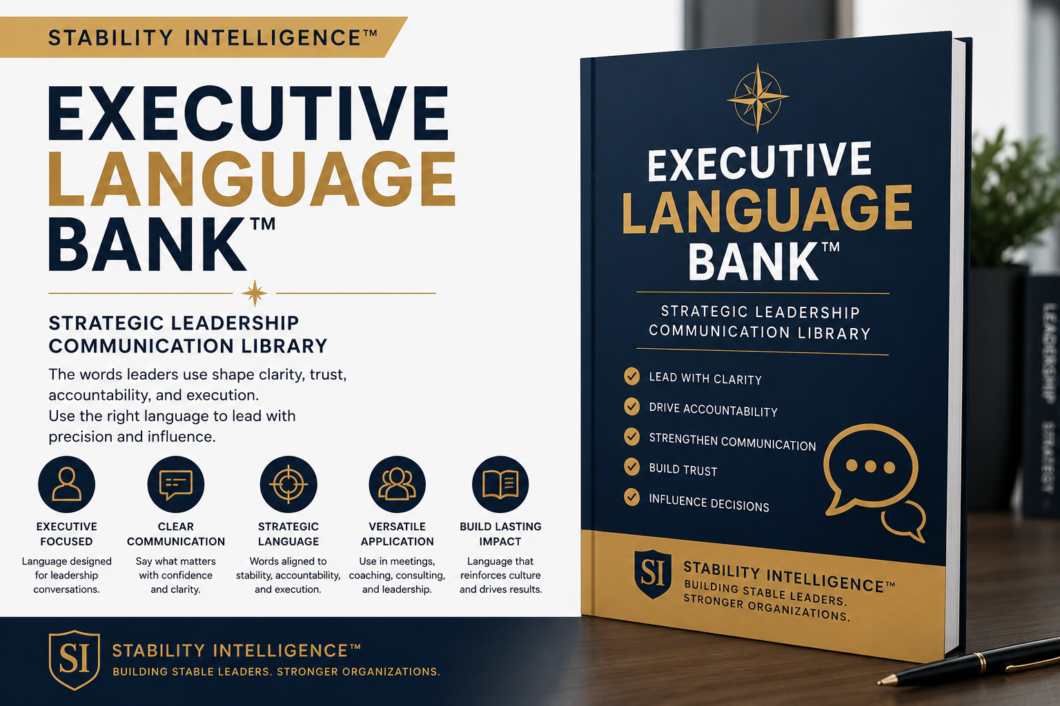 Book titled 'Executive Language Bank' by Stability Intelligence on a wooden surface with a blurred background.