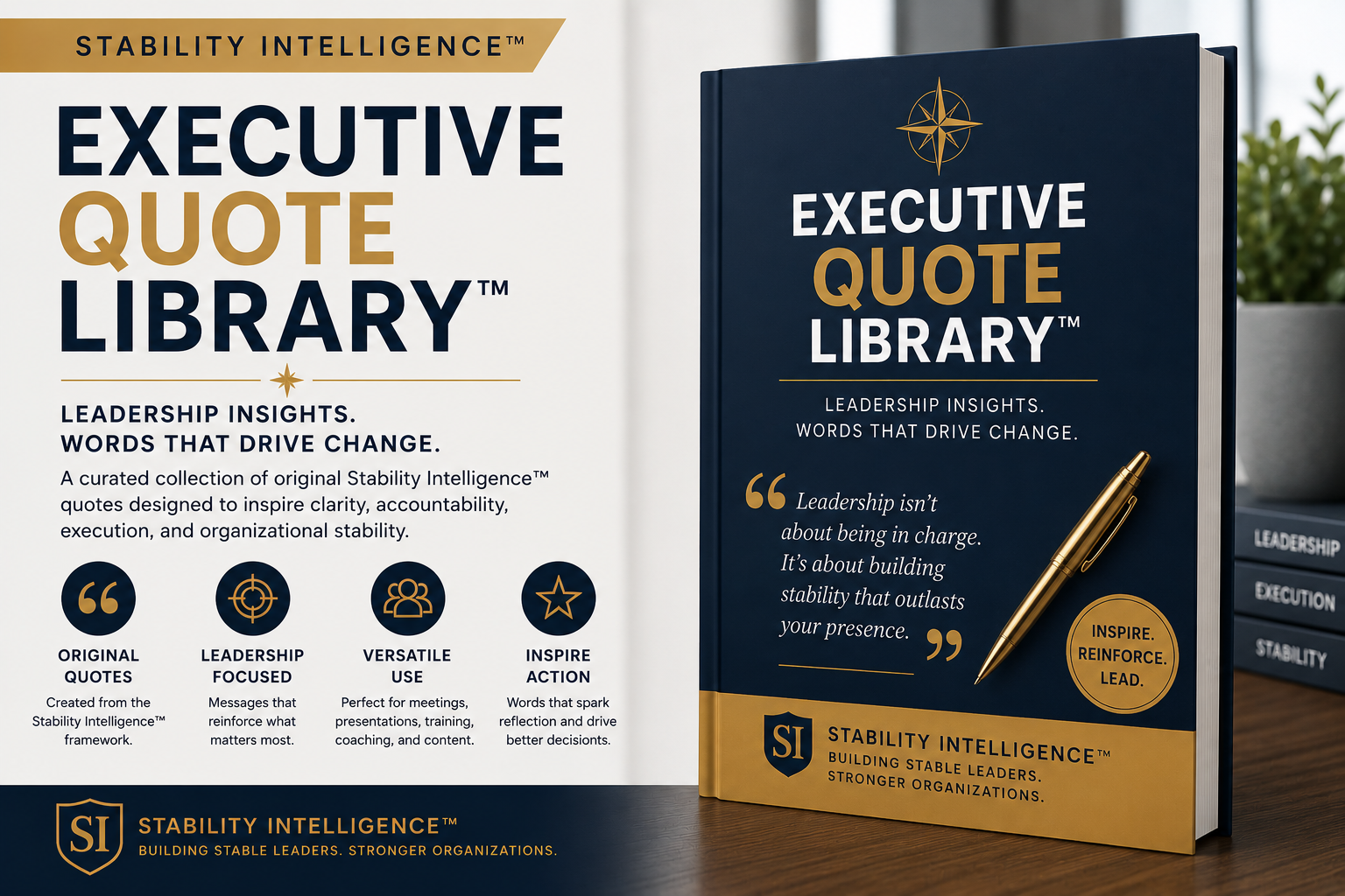 Book titled 'Executive Quote Library' by Stability Intelligence on a wooden surface with a blurred background.