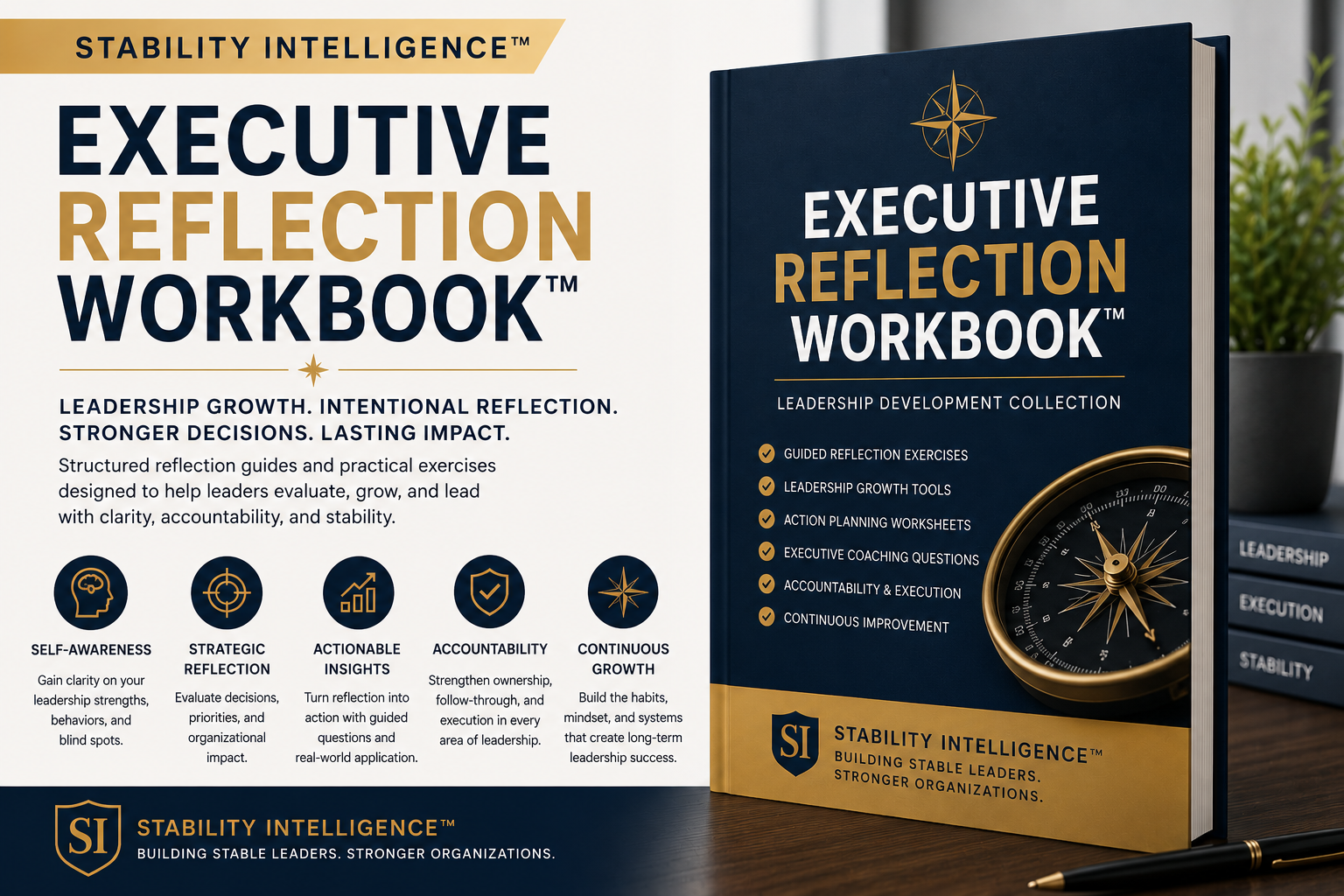 Executive Reflection Workbook by Stability Intelligence on a wooden surface with a plant in the background