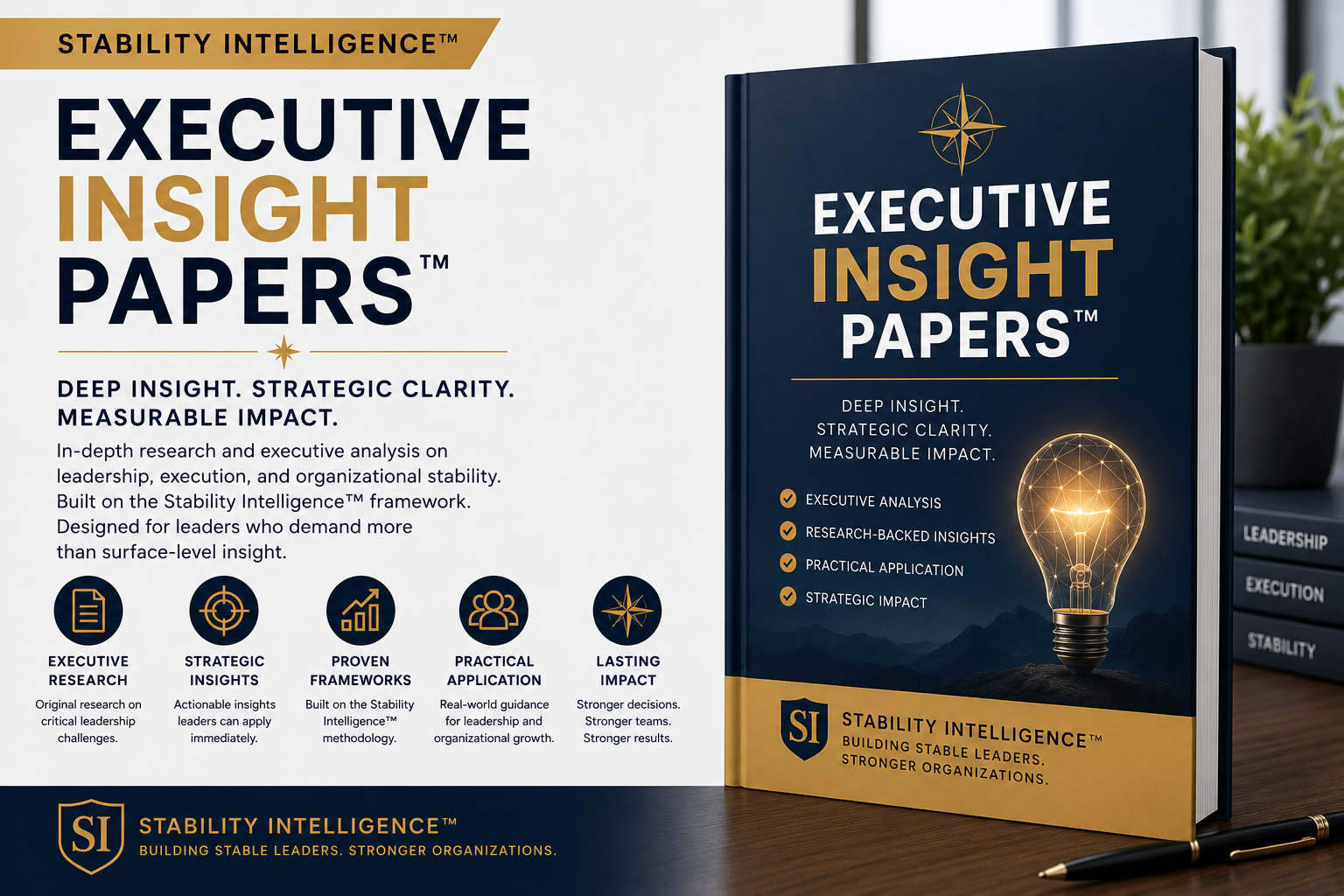 Book titled 'Executive Insight Papers' by Stability Intelligence on a wooden surface with a pen.
