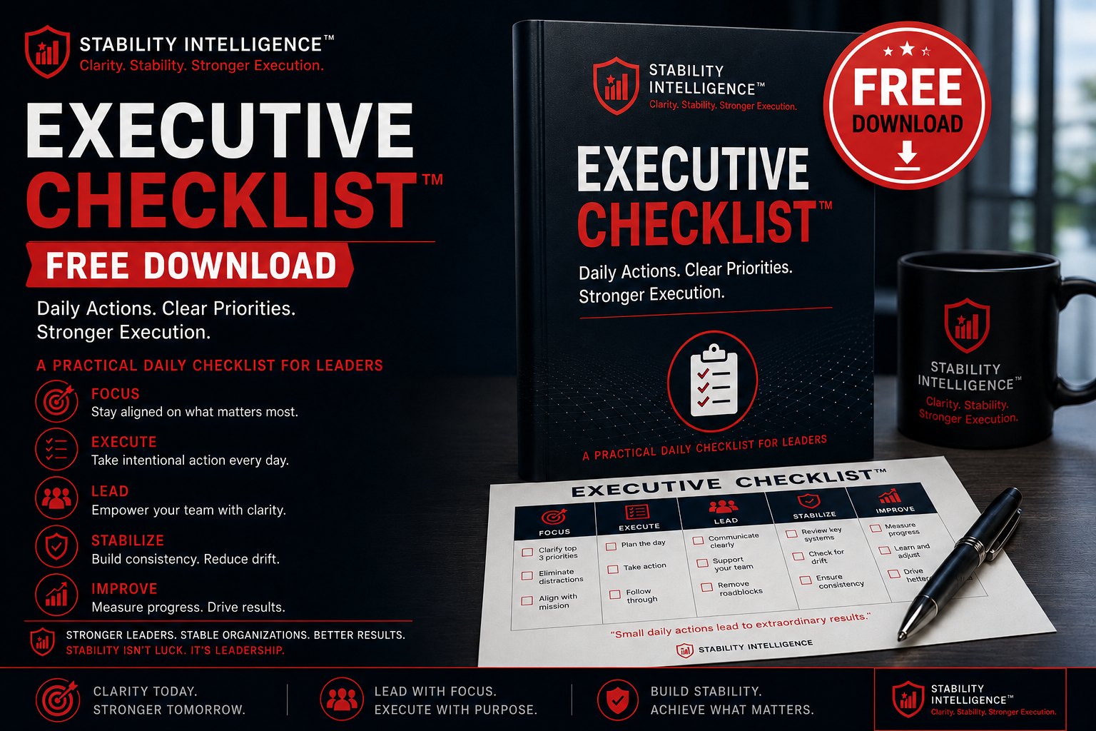 Stability Intelligence Executive Checklist with a mug and pen on a dark surface
