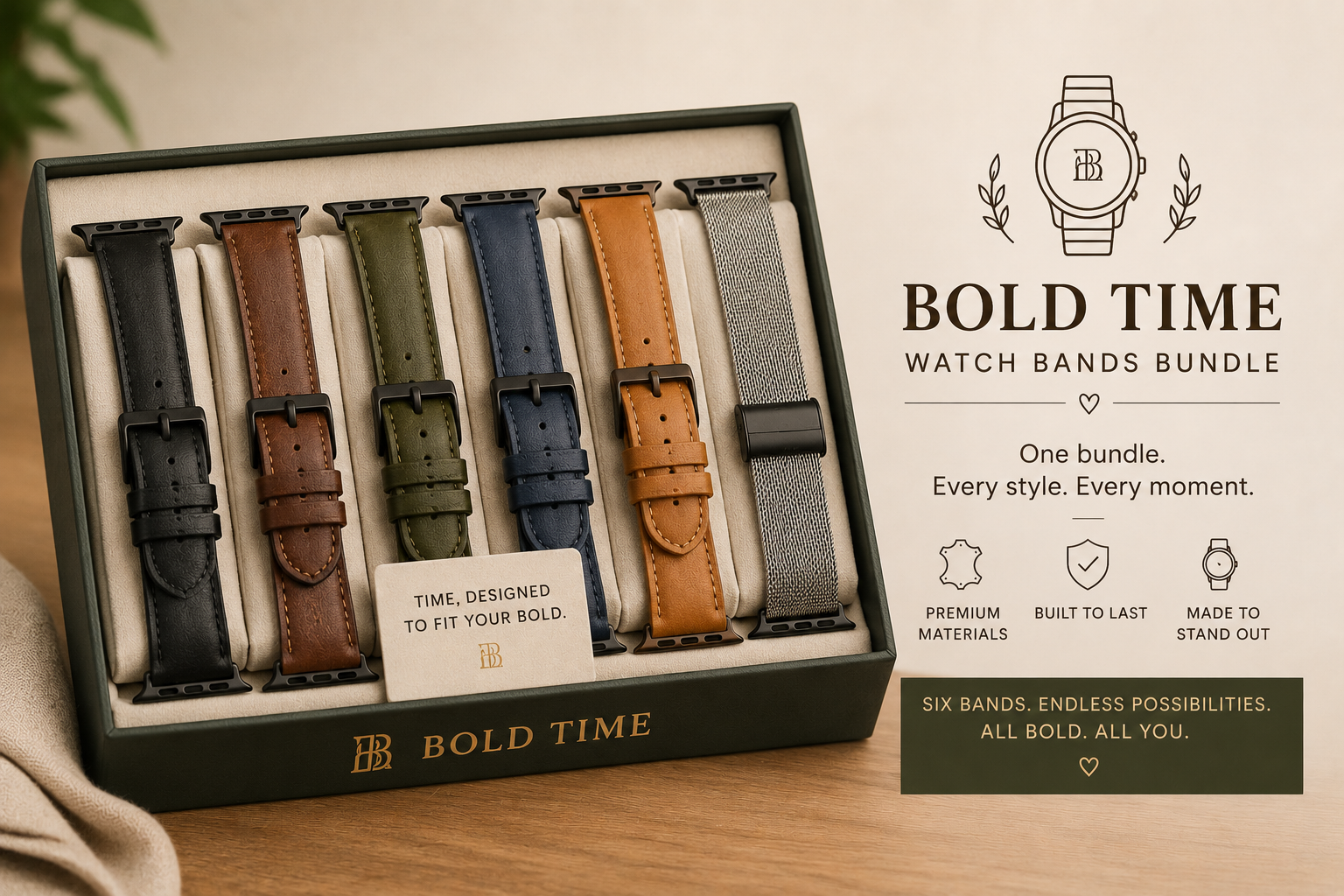 Box of Bold Time watch bands with five different styles