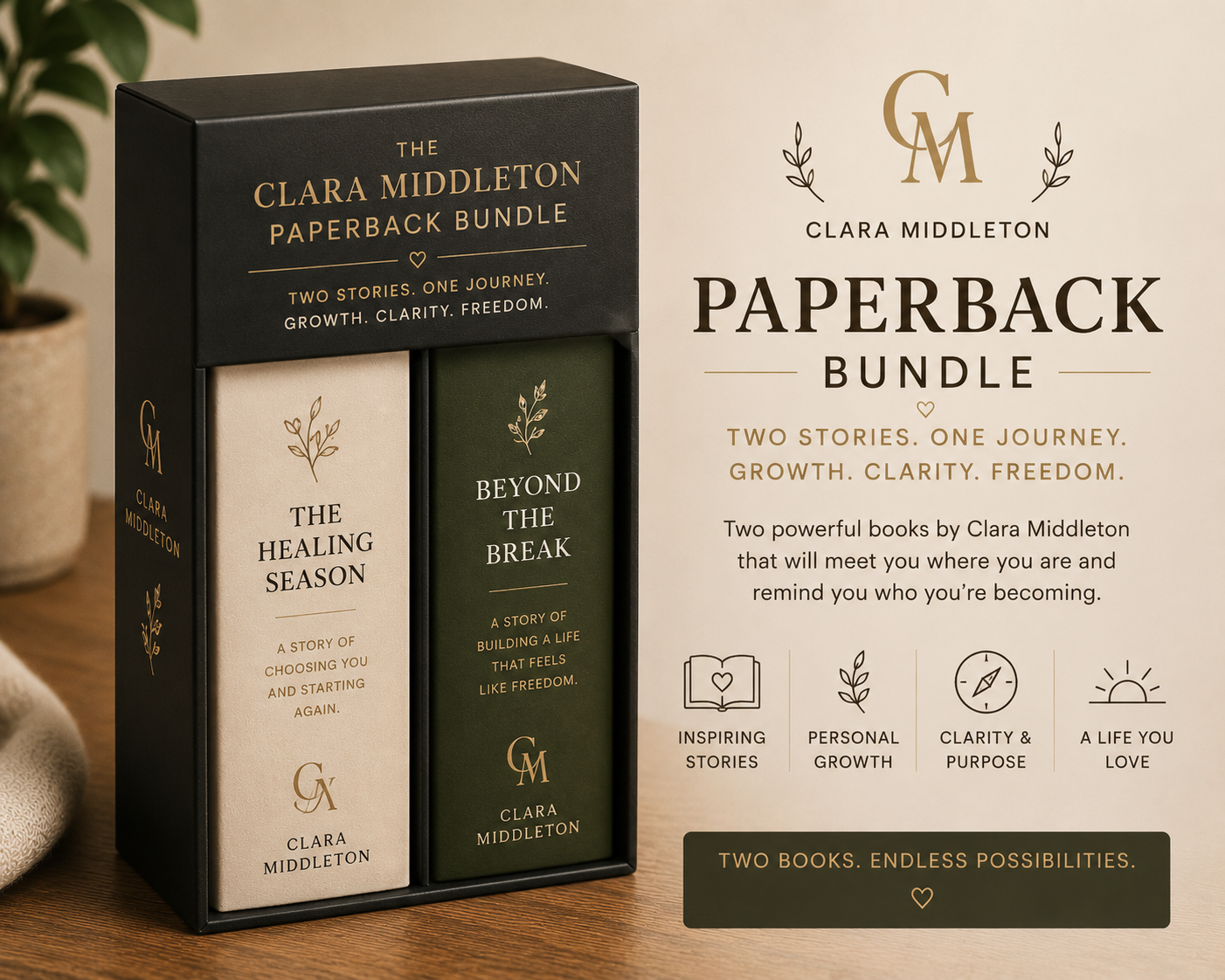 Clara Middleton Paperback Bundle packaging with two books inside on a wooden surface.