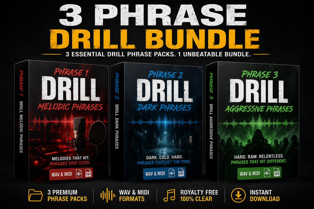 Three boxes labeled 'Phrase 1 Drill', 'Phrase 2 Drill', and 'Phrase 3 Drill' with colorful text on a black background.