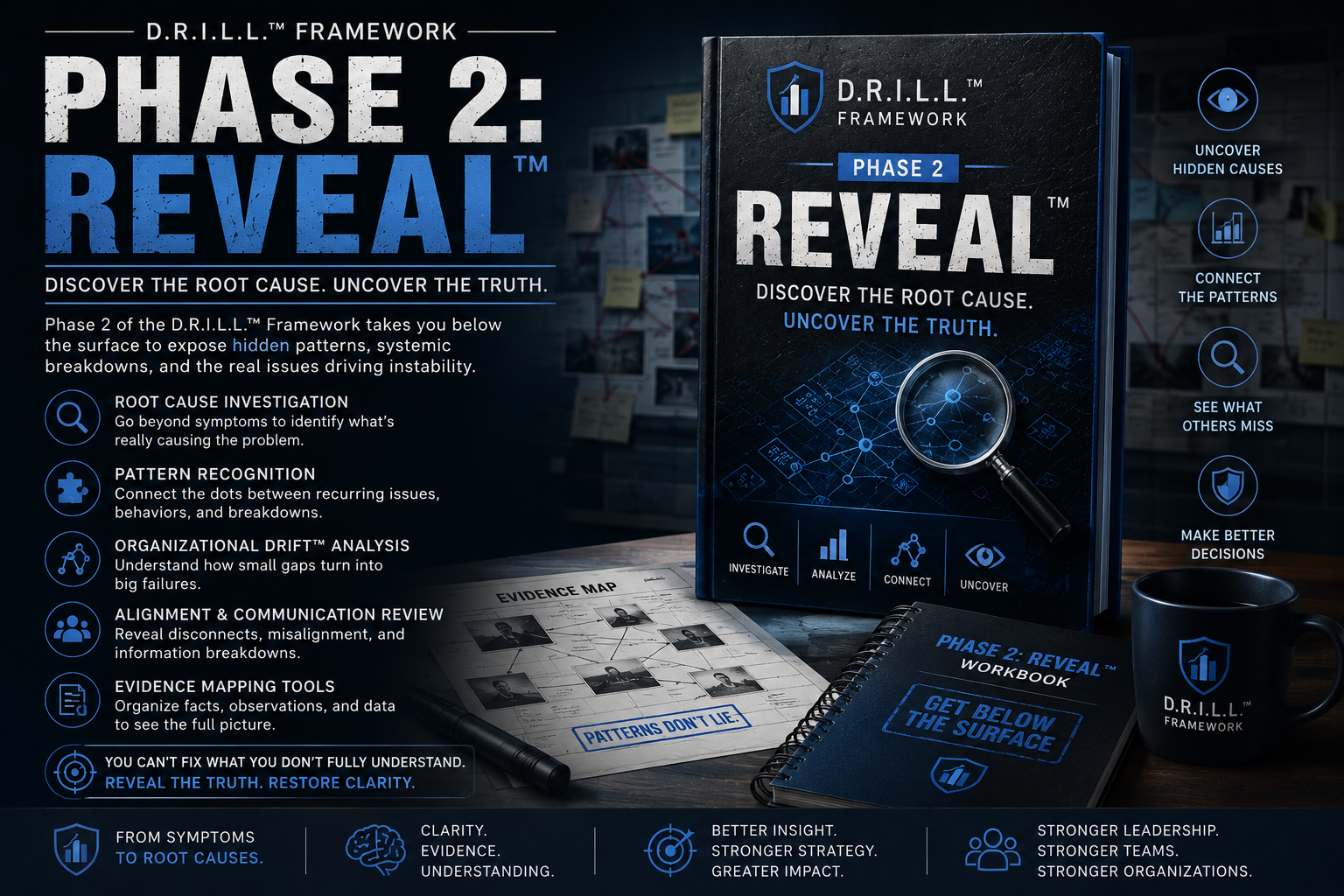 D.R.I.L.L. Framework Phase 2: Reveal book with magnifying glass graphic on a dark background