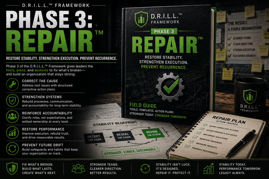 Book titled 'Phase 3: Repair' from D.R.I.L.L. Framework with related materials on a table.