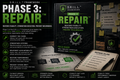 Book titled 'Phase 3: Repair' from D.R.I.L.L. Framework with related materials on a table.