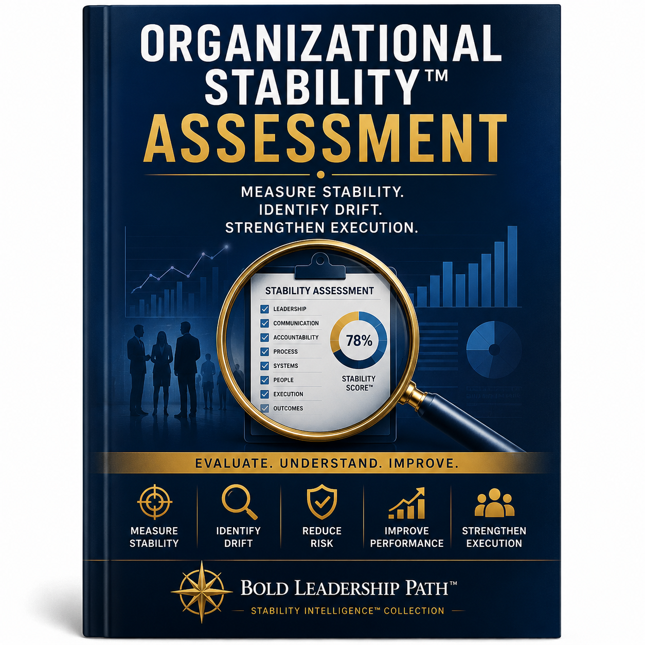 Book titled 'Organizational Stability Assessment' with a magnifying glass and graphs on the cover.