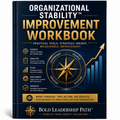 Book titled 'Organizational Stability Improvement Workbook' with a compass and graph design on a dark blue background.