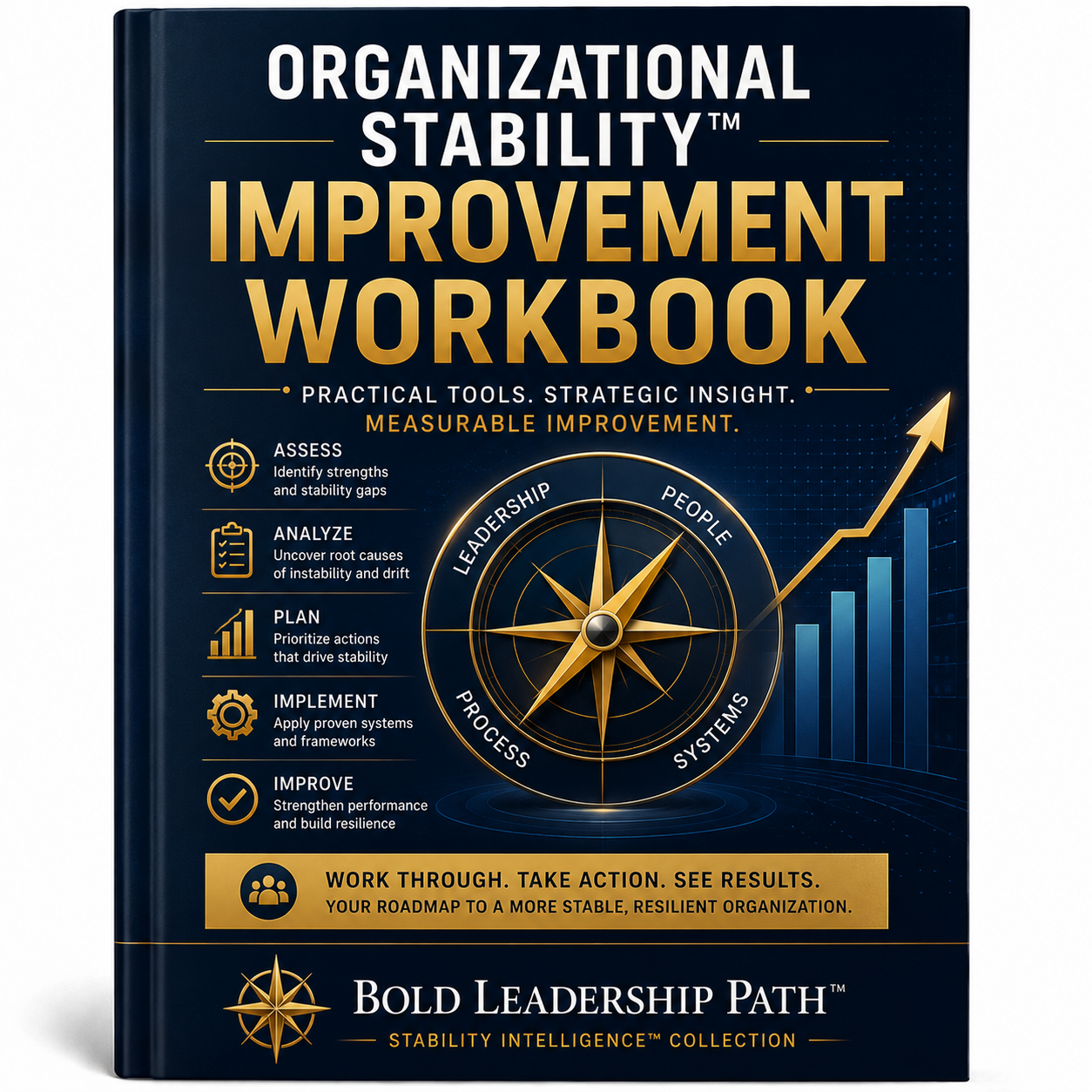 Book titled 'Organizational Stability Improvement Workbook' with a compass and graph design on a dark blue background.