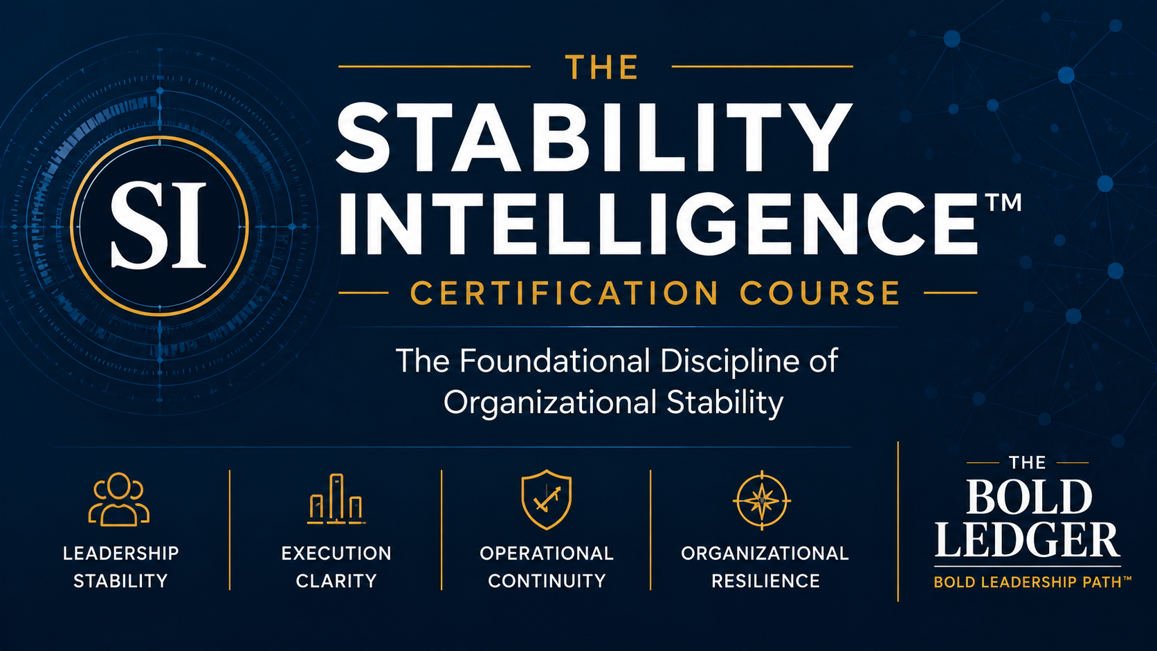 Advertisement for Stability Intelligence certification course with course name and branding on a dark blue background.