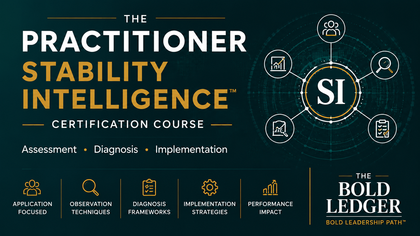 Advertisement for The Practitioner Stability Intelligence certification course with icons and text on a dark background.