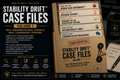 Stability Drift Case Files Volume 1 with cards and a coffee cup on a dark background