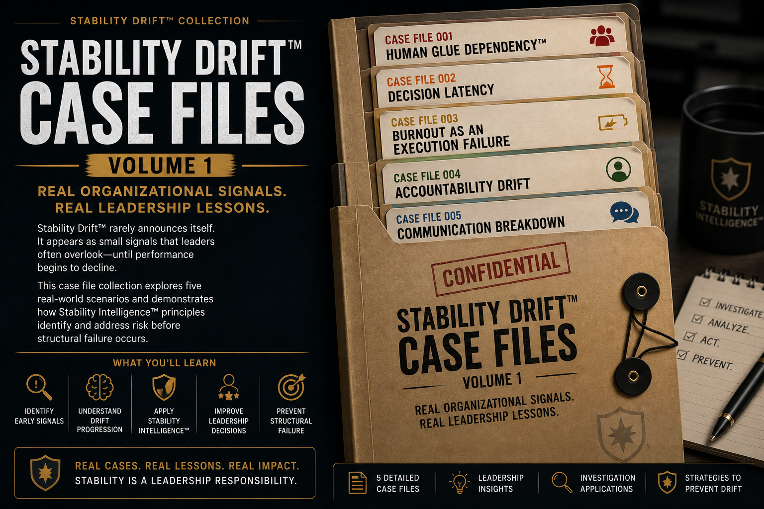 Stability Drift Case Files Volume 1 with cards and a coffee cup on a dark background