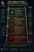 Stability Drift Progression Ladder visualizing the path from friction to structural failure, with branding and text overlay.