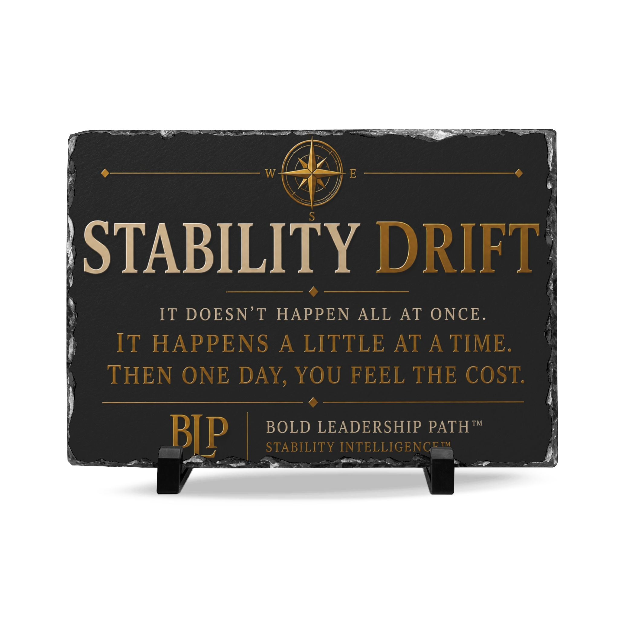 Decorative sign with text and compass design on a black background