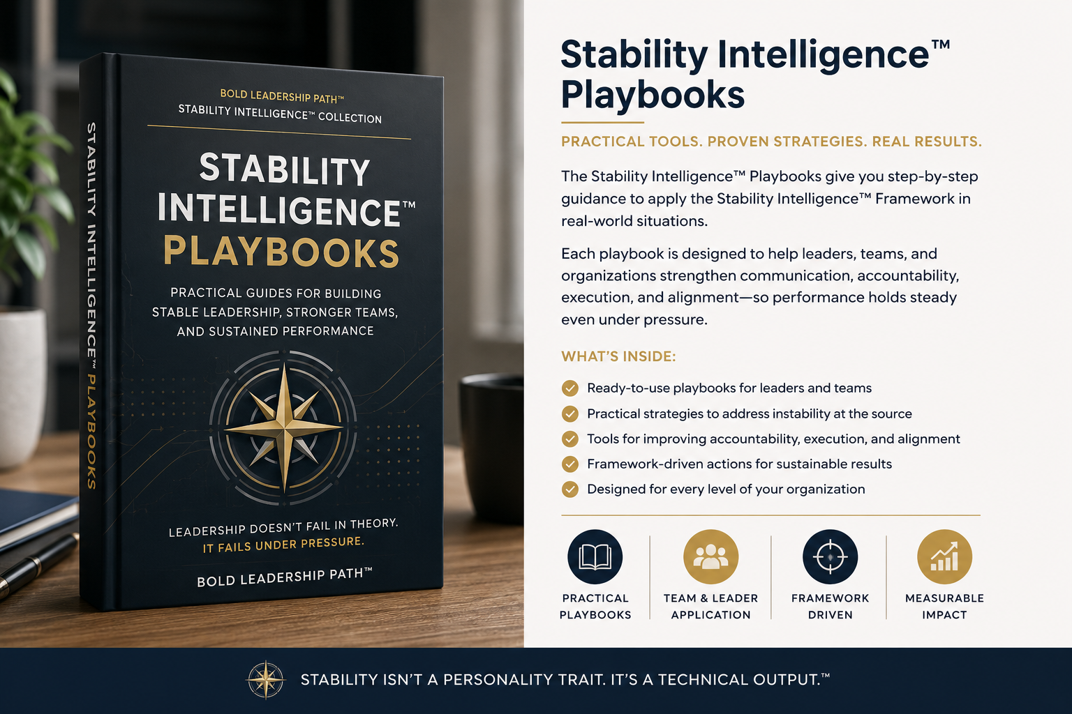 Book titled 'Stability Intelligence Playbooks' on a wooden surface with promotional text about the book's content.