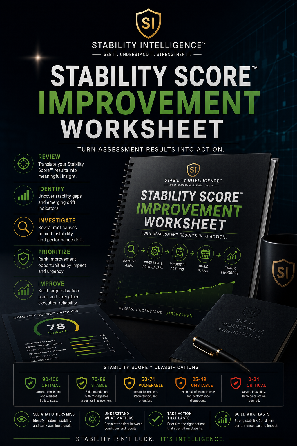 Stability Score Improvement Worksheet with Stability Intelligence branding on a dark background