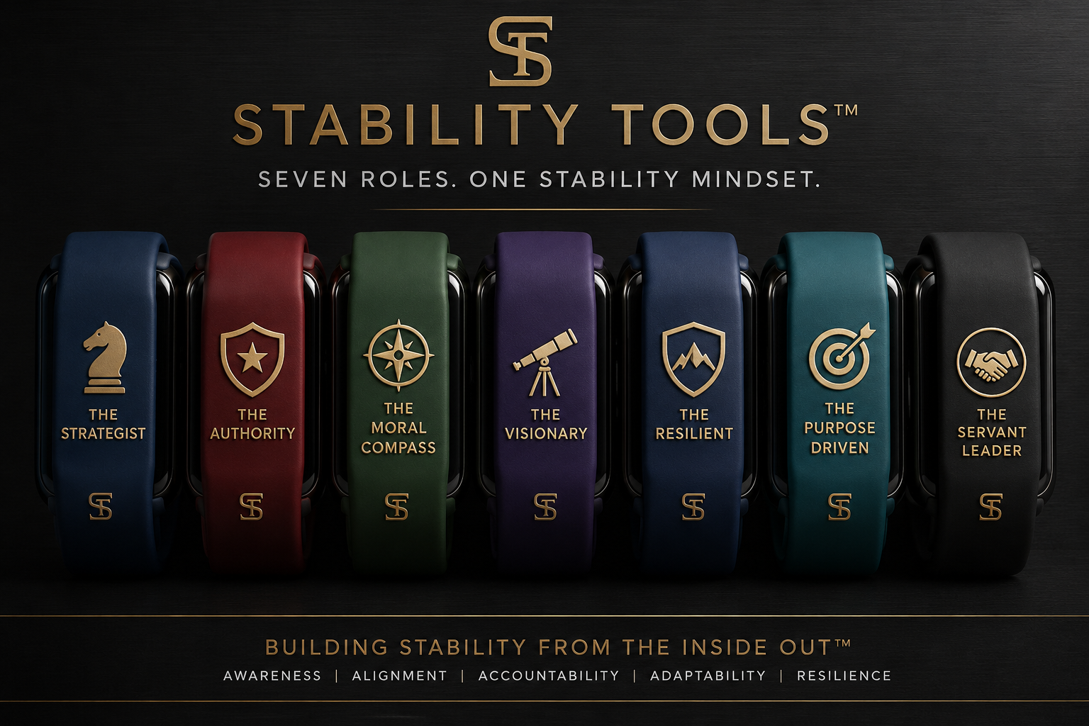 Set of Stability Tools with symbolic icons on a dark background visionary inspired apple watch bands